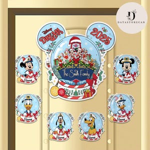 May include: A collection of Disney-themed Christmas ornaments. The central ornament features a snow globe design with Mickey Mouse and friends. Surrounding ornaments include Mickey, Minnie, Donald, Daisy, Goofy, and Pluto, each with a name banner.