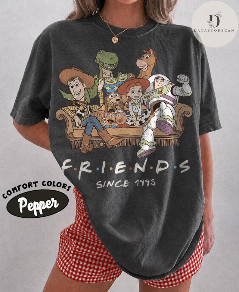 May include: A charcoal gray t-shirt featuring a graphic print of Toy Story characters sitting on a couch. The text reads FRIENDS SINCE 1995. The shirt has a crew neckline and short sleeves. The graphic includes Woody, Buzz Lightyear, Jessie, Rex, Bullseye, Slinky Dog, and Mr. Potato Head in a vintage-style illustration.