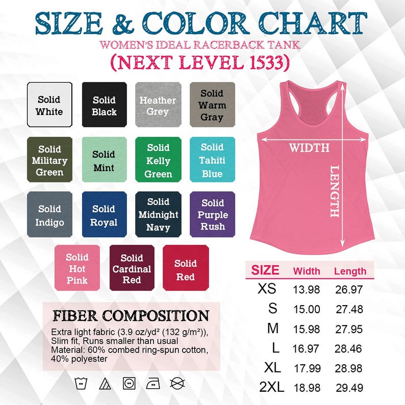 K&ouml;nnte beinhalten: Gr&ouml;&szlig;entabelle f&uuml;r ein Racerback-Tanktop mit Farboptionen in Unifarben wie Wei&szlig;, Schwarz, Grau, Gr&uuml;n, Blau, Rot und Pink. Die Tabelle enth&auml;lt die Ma&szlig;e f&uuml;r Breite und L&auml;nge in Zoll f&uuml;r die Gr&ouml;&szlig;en XS, S, M, L, XL und 2XL. Das Tanktop besteht aus einem leichten Stoffgemisch aus 60 % gek&auml;mmter Ringspinn-Baumwolle und 40 % Polyester.
