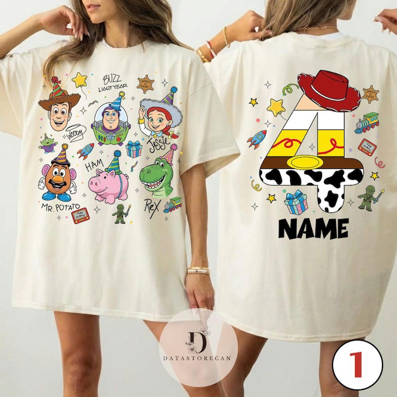 Two-sided Toy Story Birthday shirt, Custom Name and Age Woody Buzz Lightyear Jessie Toy Story Birthday Boy Girl shirt image 3