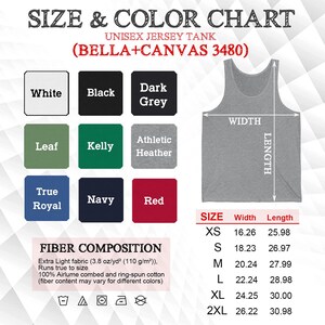 K&ouml;nnte beinhalten: Gr&ouml;&szlig;en- und Farbtabelle f&uuml;r ein Unisex-Jersey-Tanktop. Die Tabelle zeigt die verschiedenen verf&uuml;gbaren Farben, darunter Wei&szlig;, Schwarz, Dunkelgrau, Blatt, Kelly, Athletisches Grau, Royalblau, Marineblau und Rot. Die Tabelle zeigt auch die Gr&ouml;&szlig;e und die Ma&szlig;e in Zoll f&uuml;r jede Gr&ouml;&szlig;e, einschlie&szlig;lich XS, S, M, L, XL und 2XL.