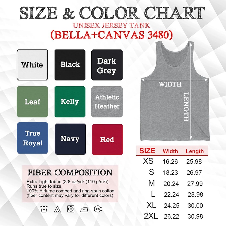K&ouml;nnte beinhalten: Gr&ouml;&szlig;en- und Farbtabelle f&uuml;r ein Unisex-Jersey-Tanktop. Die Tabelle zeigt die verschiedenen verf&uuml;gbaren Farben, darunter Wei&szlig;, Schwarz, Dunkelgrau, Blatt, Kelly, Athletisches Grau, Royalblau, Marineblau und Rot. Die Tabelle zeigt auch die Gr&ouml;&szlig;e und die Ma&szlig;e in Zoll f&uuml;r jede Gr&ouml;&szlig;e, einschlie&szlig;lich XS, S, M, L, XL und 2XL.