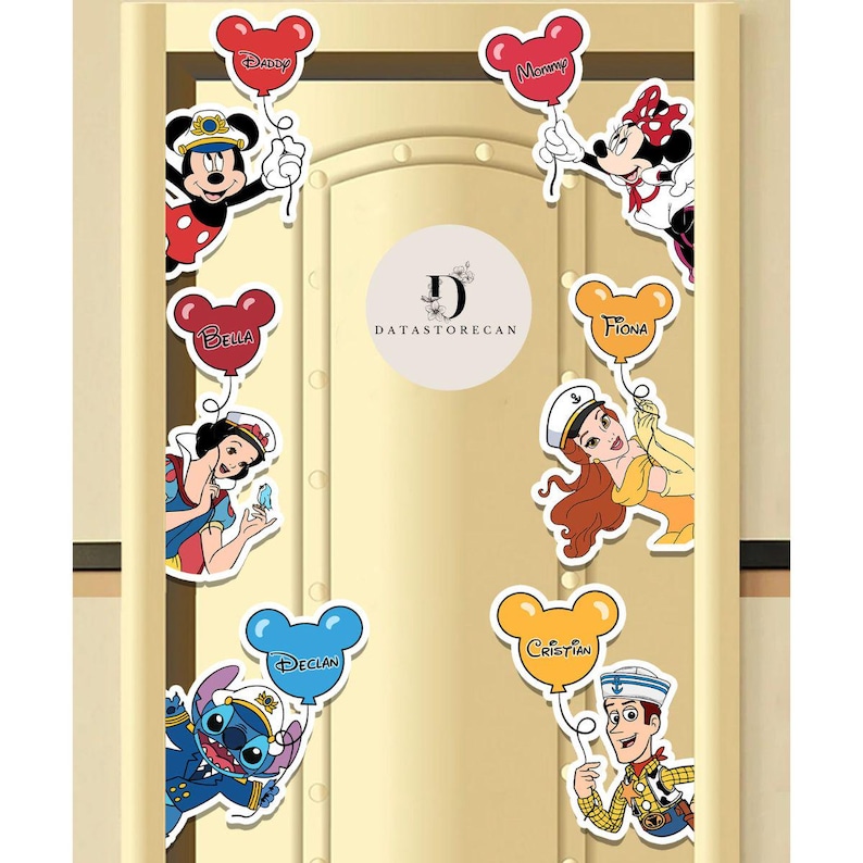 May include: A set of seven colorful balloon decorations featuring Disney characters. Each balloon has a name written on it: Daddy, Mommy, Bella, Fiona, Declan, Cristian. The characters include Mickey Mouse, Minnie Mouse, Snow White, Belle, Stitch, and Woody.