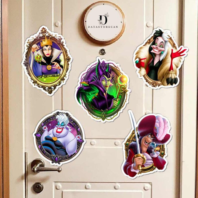 May include: A collection of six character stickers featuring villains from a popular animated film. Each sticker is framed in an ornate gold border. The characters include a queen, a witch, and a pirate.