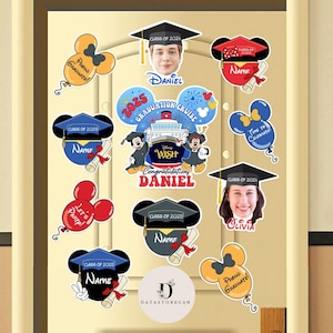 May include: A set of 10 graduation party decorations featuring Mickey Mouse and Minnie Mouse. The decorations include balloons, hats, and signs with the text "Class of 2025", "Proud Graduate", "Let's Party", "Time to Celebrate", "Congratulations Daniel", and "Olivia".
