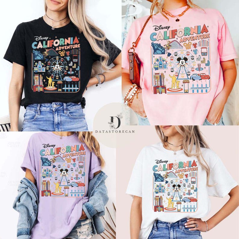 May include: Four t-shirts in black, pink, purple, and white, each featuring a colorful graphic design. The design includes the text "Disney CALIFORNIA ADVENTURE" with illustrations of a Ferris wheel, Mickey Mouse, and other theme park elements.