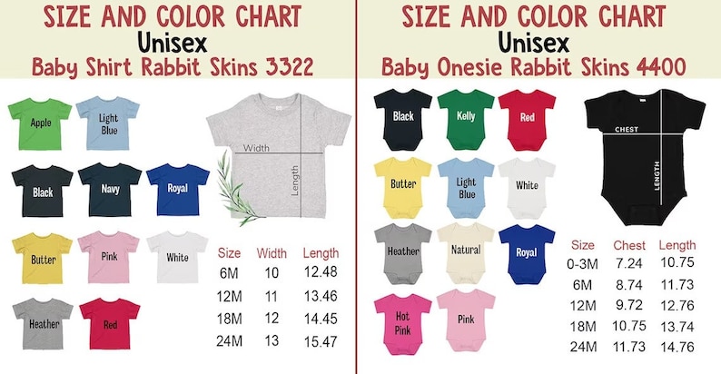 May include: Color chart for unisex baby shirts and onesies. The chart includes various colors like black, blue, and pink, with size and measurement details. The text reads "Baby Shirt Rabbit Skins 3322" and "Baby Onesie Rabbit Skins 4400".