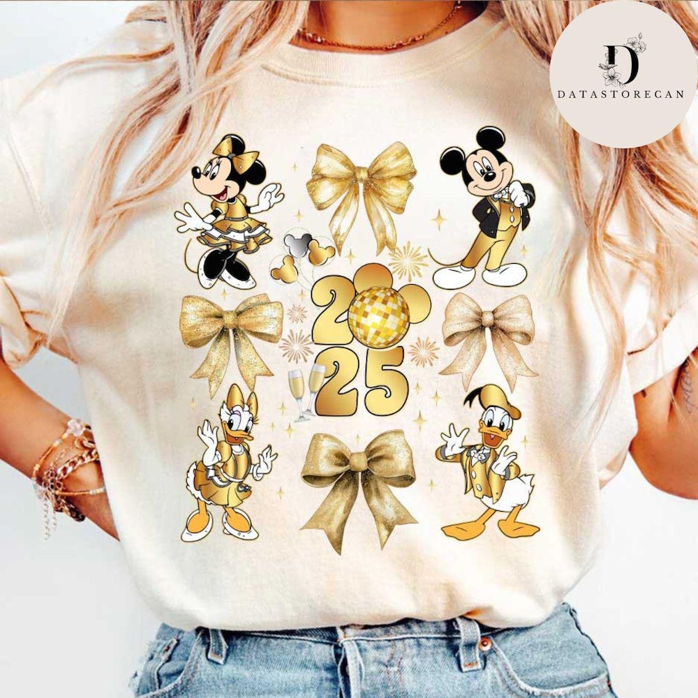 Womens Shirt Coquette Bows Happy New Year 2025 Disney Shirt, Mickey & Friends New Year'S Eve Shirt, Wdw Disneyland Family Trip Sweatshirt, Hello 2025 Magic Kingdom Gifts For Day Teeshirtsummer