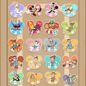May include: A collection of colorful stickers featuring various cartoon characters in inner tubes. Each sticker has a Mickey Mouse head shape and includes the word "Name". Characters include Mickey Mouse, Minnie Mouse, and Winnie the Pooh.