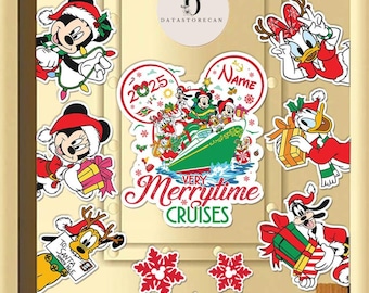May include: A collection of Christmas-themed stickers featuring Disney characters. Mickey and Minnie Mouse, Donald Duck, and Goofy are dressed in festive attire. The stickers include snowflakes and a cruise ship with the text "Very Merrytime Cruises."