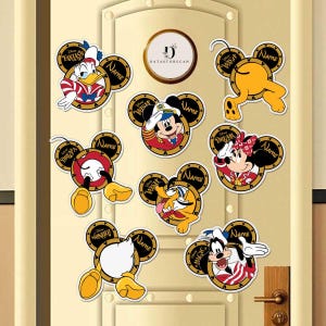 May include: Eight colorful Disney character door hangers with Mickey Mouse ears. Each hanger features a different character, including Mickey Mouse, Minnie Mouse, Donald Duck, Goofy, and Pluto. Each hanger has a gold border and the word "Name" printed on it.
