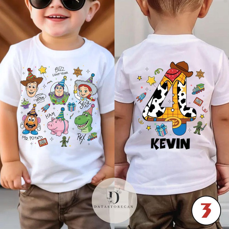 May include: White t-shirt featuring Toy Story characters on the front, including Woody, Buzz Lightyear, and Jessie. The back of the shirt displays a large number 4 with a cowboy hat and the name "KEVIN".