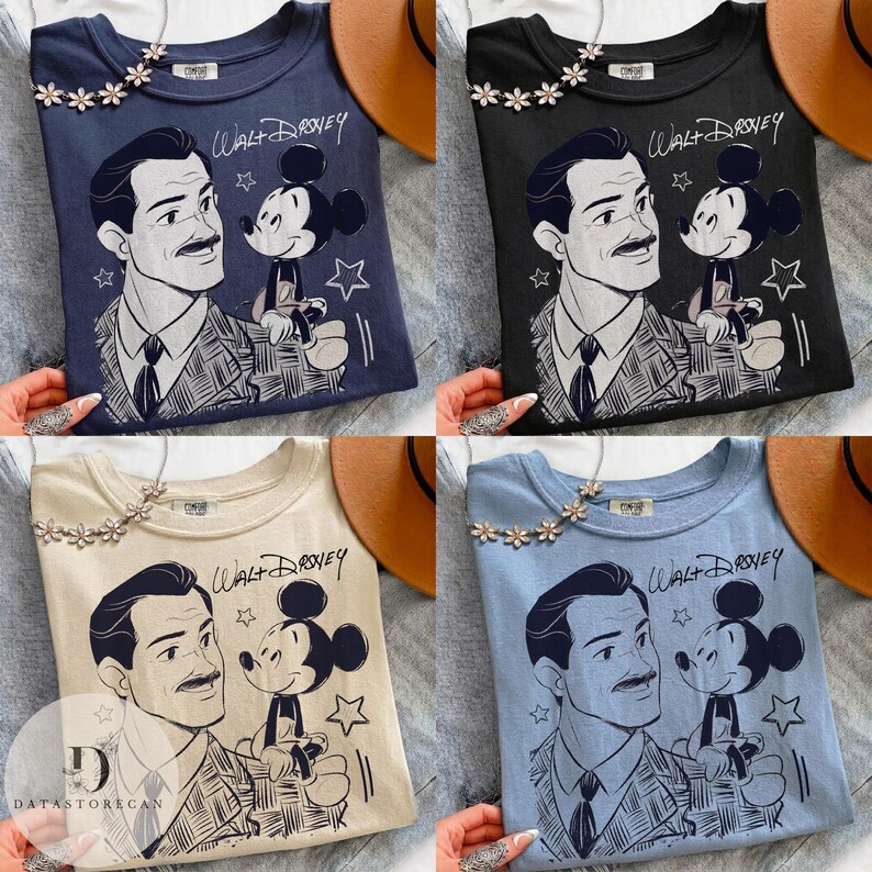 May include: Four t-shirts in navy, black, beige, and light blue, each featuring a graphic of Walt Disney and Mickey Mouse. The text "Walt Disney" is above the graphic. Each shirt has a floral necklace.