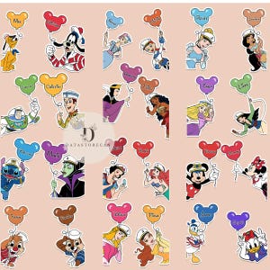 May include: A set of 20 colorful Disney character stickers with names. Each sticker features a different Disney character holding a balloon shaped like Mickey Mouse's ears. The balloons are in various colors, including red, orange, yellow, green, blue, purple, and pink. The characters include Mickey Mouse, Minnie Mouse, Stitch, Ariel, Snow White, Belle, Cinderella, Rapunzel, and more.
