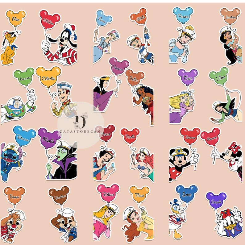 May include: A set of 20 colorful Disney character stickers with names. Each sticker features a different Disney character holding a balloon shaped like Mickey Mouse's ears. The balloons are in various colors, including red, orange, yellow, green, blue, purple, and pink. The characters include Mickey Mouse, Minnie Mouse, Stitch, Ariel, Snow White, Belle, Cinderella, Rapunzel, and more.