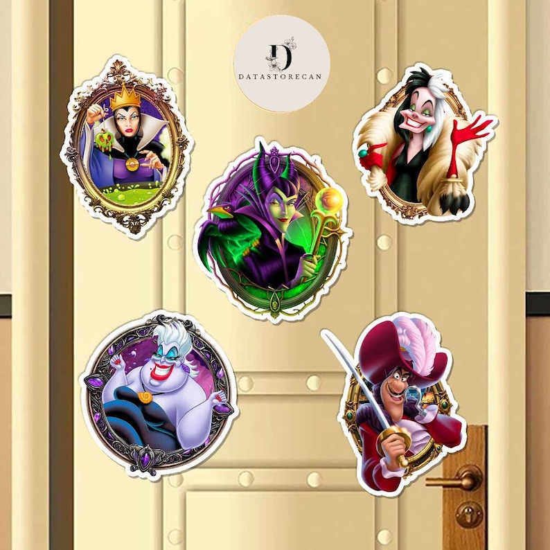 May include: A collection of six character stickers featuring villains from a popular animated film. The stickers depict a queen, a sorceress, a woman with a black and white fur coat, a sea witch, and a pirate. The stickers are attached to a light-colored door.