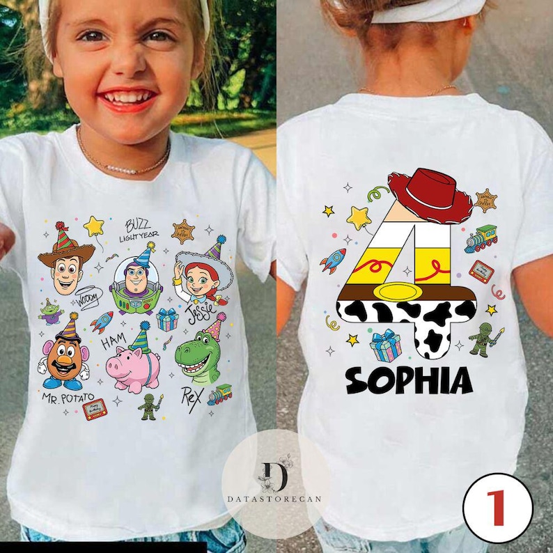 May include: White t-shirt featuring Toy Story characters like Woody, Buzz Lightyear, and Jessie. The front of the shirt displays various characters and the text "Buzz Lightyear". The back of the shirt has a large number 4 with a cowboy hat and the name "Sophia".