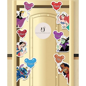 May include: A door decorated with colorful Mickey Mouse-shaped balloons with names written on them. The balloons are attached to various Disney characters, including Snow White, Maleficent, Ariel, and Stitch. The door is a light beige color with a white circle in the center that says "DATASTORECAN".