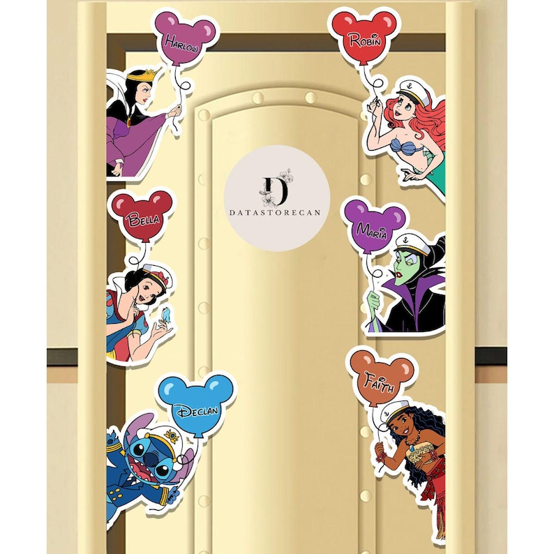 May include: A door decorated with colorful Mickey Mouse-shaped balloons with names written on them. The balloons are attached to various Disney characters, including Snow White, Maleficent, Ariel, and Stitch. The door is a light beige color with a white circle in the center that says "DATASTORECAN".
