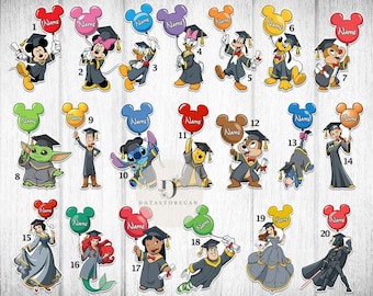 May include: A collection of graduation-themed stickers featuring various Disney characters, each wearing a graduation cap and gown. They hold balloons with the word "Name" on them. The stickers include Mickey Mouse, Minnie Mouse, and other popular characters.