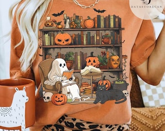 Vintage Halloween Library shirt, Ghost Books with black cat spooky shirt, Teacher Halloween Book Lover gift, Halloween Reading Book club