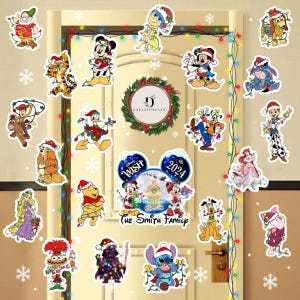 May include: A Christmas door decoration with a Mickey Mouse theme. The decoration features a variety of Disney characters, including Mickey Mouse, Minnie Mouse, Donald Duck, Goofy, and Pluto. The characters are all wearing Santa hats and holding Christmas lights. The decoration also includes a banner that says "The Smith Family" and a Mickey Mouse head with the words "Wish 2024" on it.