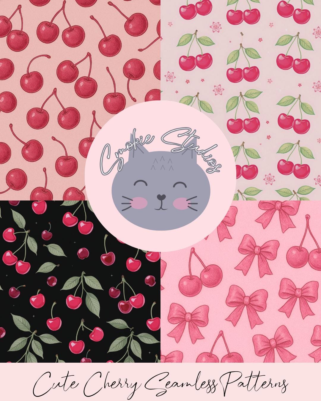 Cherry & Bow Cute Coquette Seamless Pattern Bundle: Designs for Digital ...