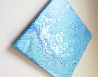 12"x12" Acrylic Pour Painting, Acrylic Painting, Galaxy Pour, Green, Blue, White Acrylic Paint, "Be Flexible"