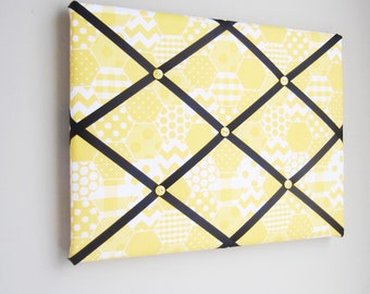 11"x14" Yellow Geometric & Black  Memory Board, Bow Holder, Ribbon Board, Vision Board, Pin Board, Display Photos, Business Cards, Jewelry