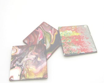 Handpainted 4"x4" Tile Coasters, Acrylic Pour Painting, Pink Grey Turquoise Painted Coaster, Ceramic Tile, Cork Bottom, Set of 3