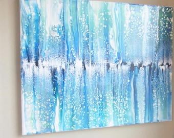 16"x20" Ocean Swipe Pour Painting, Acrylic Pour Painting, Acrylic Swipe Painting, Fluid Art Painting, Blue, Turquoise, White