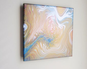 12"x12" Acrylic Pour Painting, Acrylic Painting, Galaxy Pour, Orange Gold Blue Painting "A River Runs Through It"