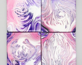 Set of 4 Handpainted 4"x4" Tile Coasters, Acrylic Pour Painting, Ceramic Tile, Cork Bottom, Purple, Pink & White Galaxy Pour