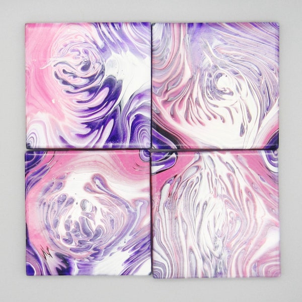 Set of 4 Handpainted 4"x4" Tile Coasters, Acrylic Pour Painting, Ceramic Tile, Cork Bottom, Purple, Pink & White Galaxy Pour