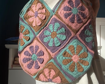 Handmade Crochet Granny Square Tote Bag: 70s Retro Vegan Cotton Shoulder Bag