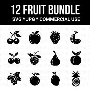 Paquete de 12 imágenes prediseñadas SVG de frutas en blanco y negro, silueta de fruta, svg de fruta, vector de fruta, archivo de corte de fruta, JPG, descarga instantánea, uso comercial