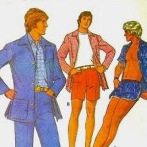 May include: Illustration of three men in vintage clothing. One man wears a blue suit with a collared shirt. Another wears a red plaid shirt over a white shirt and orange shorts. The third wears a blue patterned shirt and shorts.
