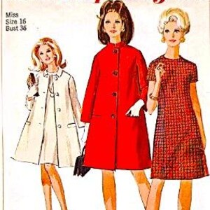 May include: Vintage Simplicity sewing pattern featuring three women's fashion designs. The designs include a white coat, a red coat, and a red patterned dress. The pattern is for Misses size 16 with a 36-inch bust.
