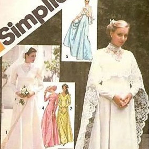 Vintage 1980 Brides or Bridesmaid Wedding Bridal Empire Waist Dress Gown Cape and Caplet Adjustable for Miss Petite Simplicity 9846