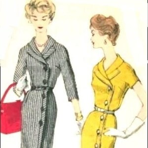 May include: Two women wearing dresses with a similar style. The woman on the left is wearing a black and white striped dress with a belt. The woman on the right is wearing a yellow dress with a belt and buttons. Both dresses have a wrap style.