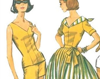 RARE McCall's 4572 Misses Three Piece Play Suit - Pull-Over Top, Shorts and Full Skirt, Vintage 50's FF, Bust 31