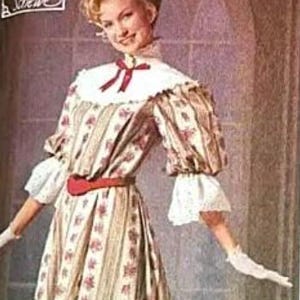 May include: A vintage-style dress with a floral and striped pattern. The dress features a high collar with a red bow, puffed sleeves, and a red belt. The skirt has a ruffled hem. The image includes the text "Andrea Schewe".