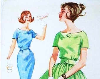 McCall's 6853 Misses Yoked Scoop Neck Dress with Belt and Slim or Full Skirt, Factory Fold, Size 16, Bust 36, Vintage 50's Sewing Pattern