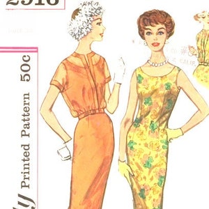 May include: Simplicity Printed Pattern 500c, a vintage sewing pattern for a dress with two different styles. The first style is a short-sleeved dress with a collar and a belt. The second style is a sleeveless dress with a round neckline. Both dresses are knee-length and have a fitted silhouette.