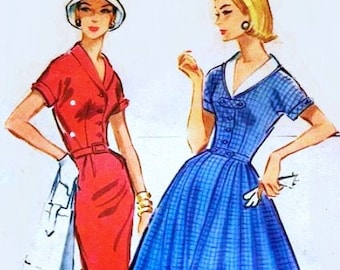 Vintage McCall's 4353 Misses' Front Button Dress with Kimono Sleeves and Optional Full or Slender Skirt Sewing Pattern Vintage Bust 32 FF