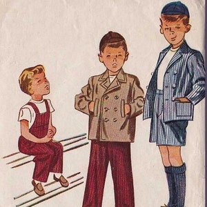May include: A vintage illustration of three boys wearing different outfits. The boy on the left is wearing a white shirt and red overalls. The boy in the middle is wearing a brown jacket and red trousers. The boy on the right is wearing a blue jacket and white shorts. The illustration includes a pattern for each outfit.