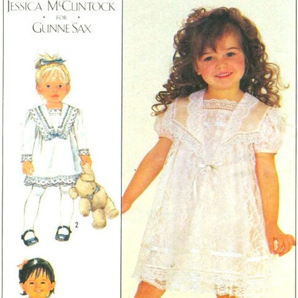 Jessica McClintock, Gunne Sax, Vintage Simplicity 8713 Girl's Lined Lace Dress Gathered to Yokes, Sewing Pattern Size 1, Breast 20 FF