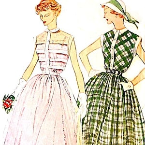 May include: Vintage fashion illustration featuring two women in dresses. One wears a pink dress with a full skirt and white gloves, the other a green plaid dress. Both are wearing heels. The illustration has a retro style.