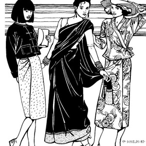 May include: Three women wearing different styles of clothing. The woman on the left is wearing a black jacket with a white and black patterned skirt. The woman in the middle is wearing a black sari with a white and black patterned border. The woman on the right is wearing a white and black patterned top and skirt.