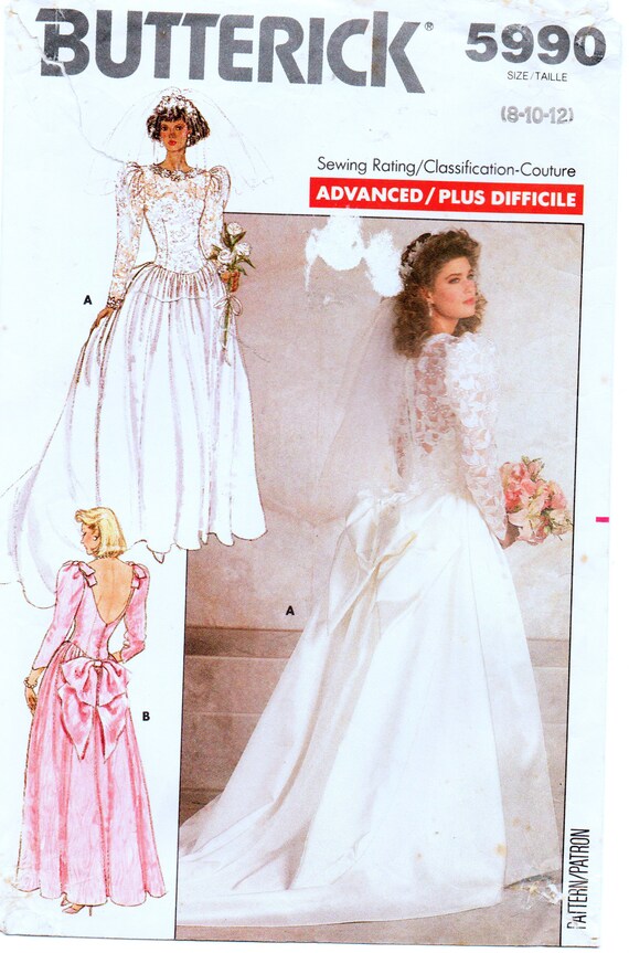 Patron de couture de robe de mariée vintage Butterick 5990, traîne  amovible, taille 8-12